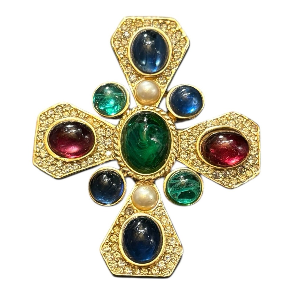 Ciner Vintage Maltese Cross Brooch Poured Glass Cabochon Rhinestone FLAWED